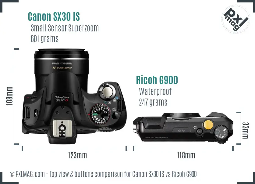 Canon SX30 IS vs Ricoh G900 top view buttons comparison