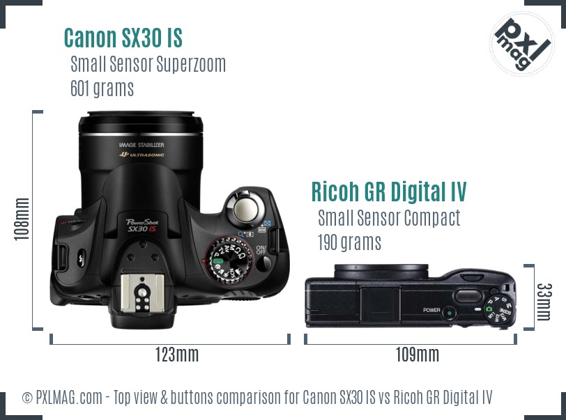 Canon SX30 IS vs Ricoh GR Digital IV top view buttons comparison