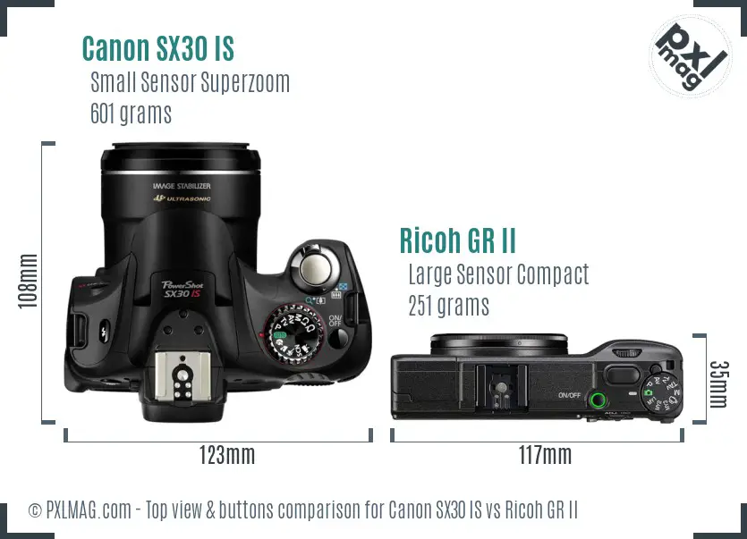 Canon SX30 IS vs Ricoh GR II top view buttons comparison