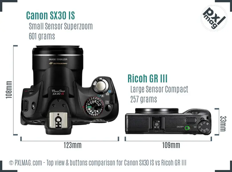 Canon SX30 IS vs Ricoh GR III top view buttons comparison Canon SX30 IS vs Ricoh GR III top view buttons comparison