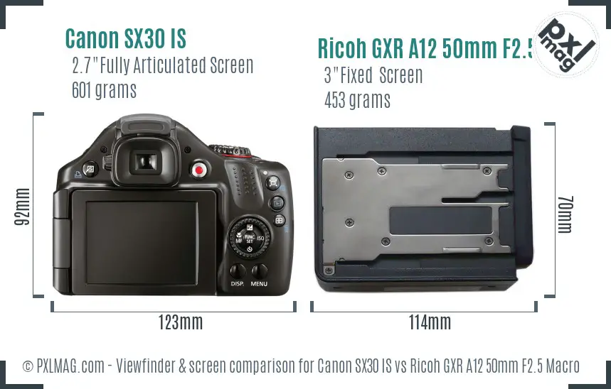 Canon SX30 IS vs Ricoh GXR A12 50mm F2.5 Macro Screen and Viewfinder comparison