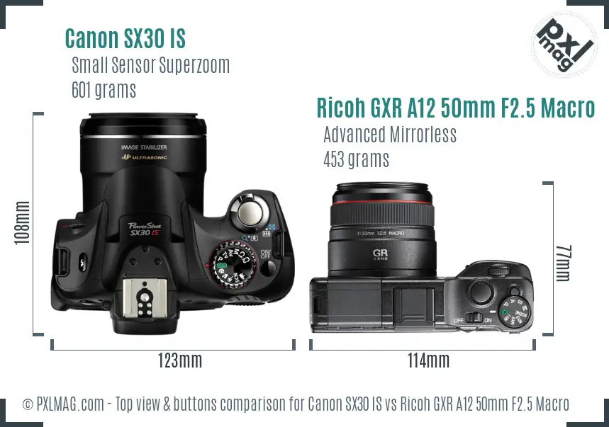 Canon SX30 IS vs Ricoh GXR A12 50mm F2.5 Macro top view buttons comparison