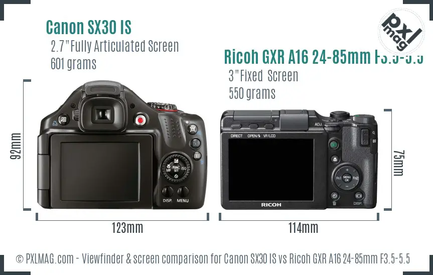 Canon SX30 IS vs Ricoh GXR A16 24-85mm F3.5-5.5 Screen and Viewfinder comparison