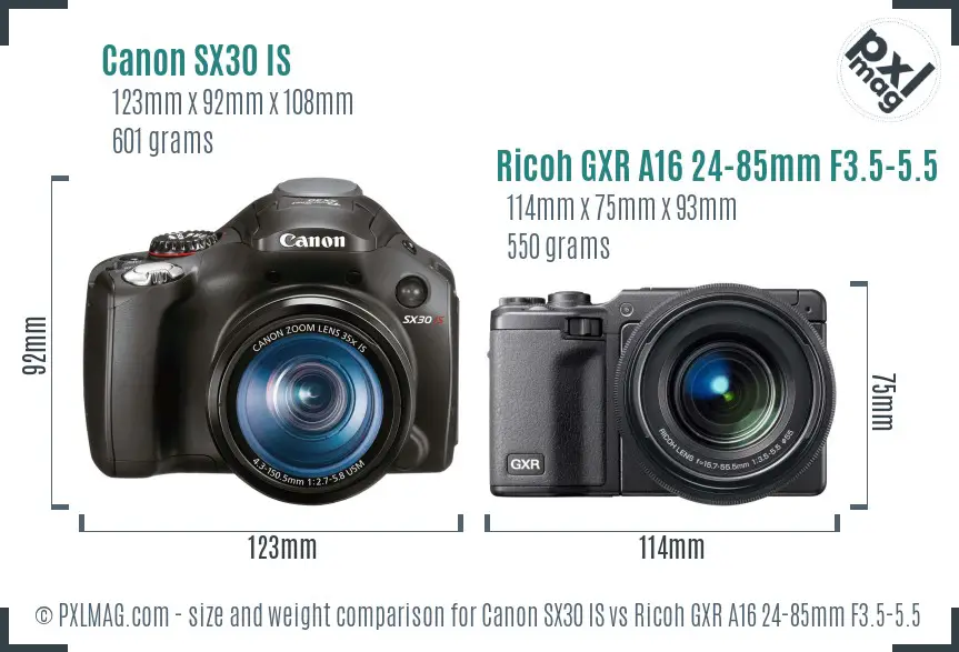 Canon SX30 IS vs Ricoh GXR A16 24-85mm F3.5-5.5 size comparison