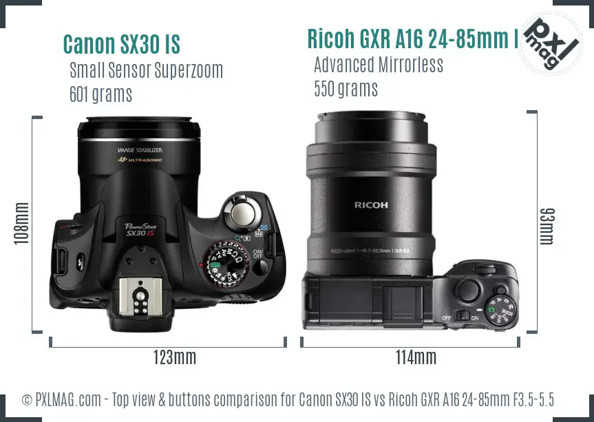 Canon SX30 IS vs Ricoh GXR A16 24-85mm F3.5-5.5 top view buttons comparison