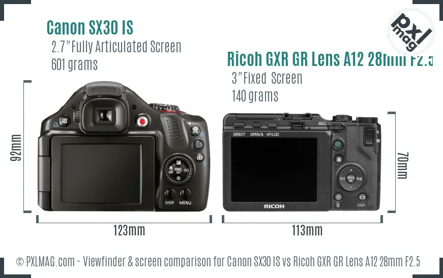 Canon SX30 IS vs Ricoh GXR GR Lens A12 28mm F2.5 Screen and Viewfinder comparison
