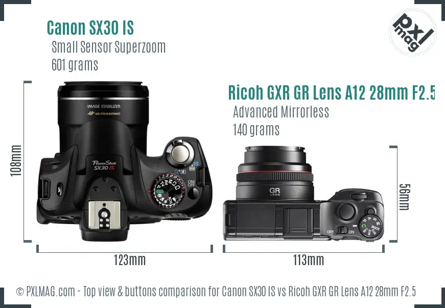 Canon SX30 IS vs Ricoh GXR GR Lens A12 28mm F2.5 top view buttons comparison