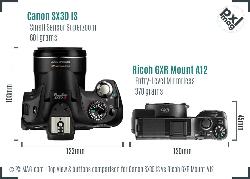 Canon SX30 IS vs Ricoh GXR Mount A12 top view buttons comparison