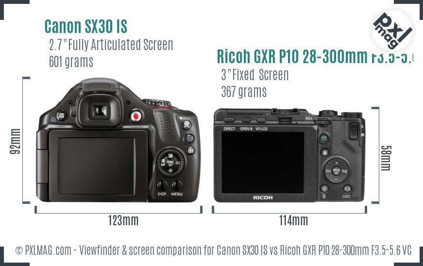 Canon SX30 IS vs Ricoh GXR P10 28-300mm F3.5-5.6 VC Screen and Viewfinder comparison