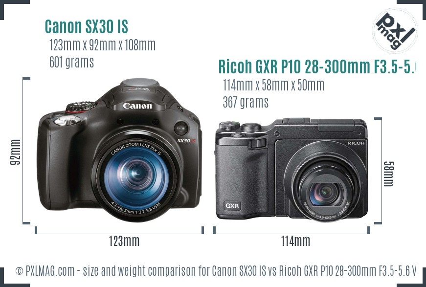 Canon SX30 IS vs Ricoh GXR P10 28-300mm F3.5-5.6 VC size comparison