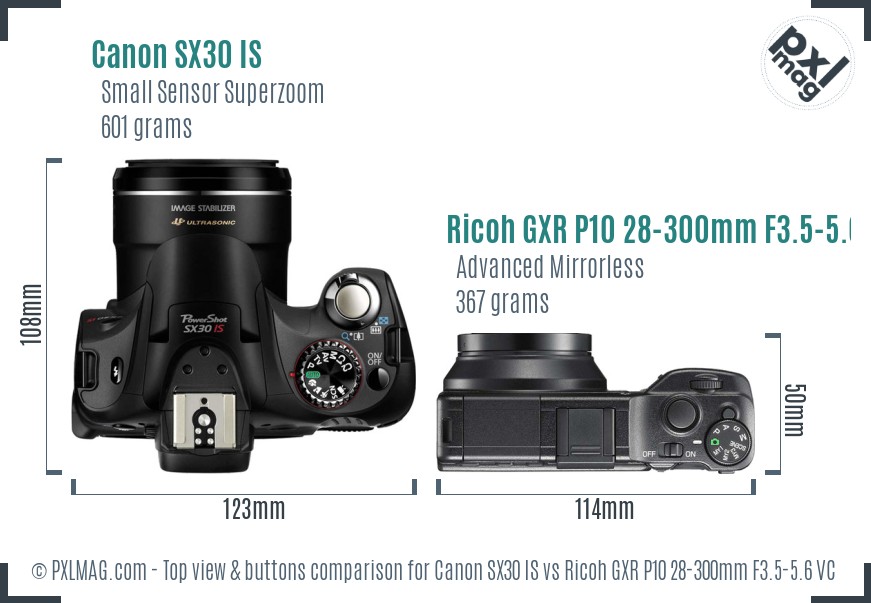 Canon SX30 IS vs Ricoh GXR P10 28-300mm F3.5-5.6 VC top view buttons comparison