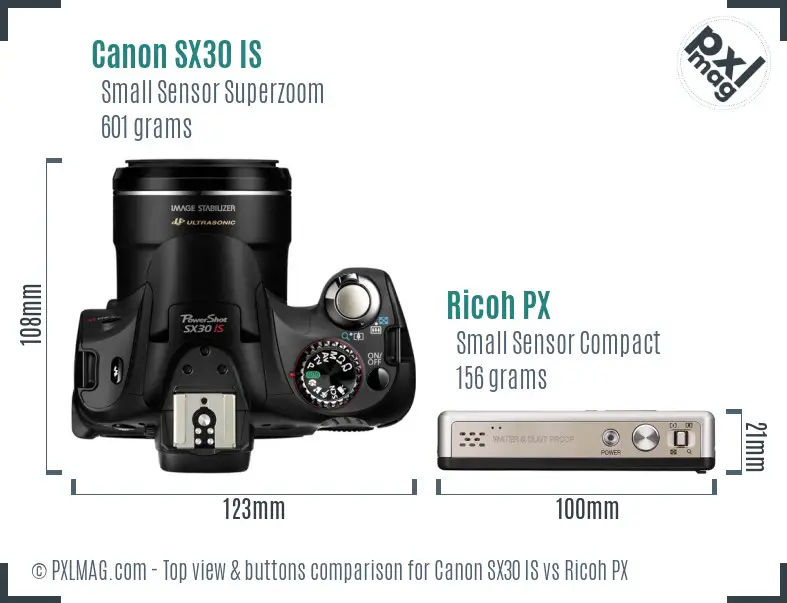 Canon SX30 IS vs Ricoh PX top view buttons comparison