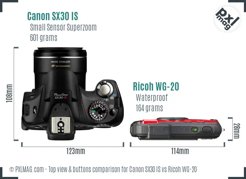 Canon SX30 IS vs Ricoh WG-20 top view buttons comparison