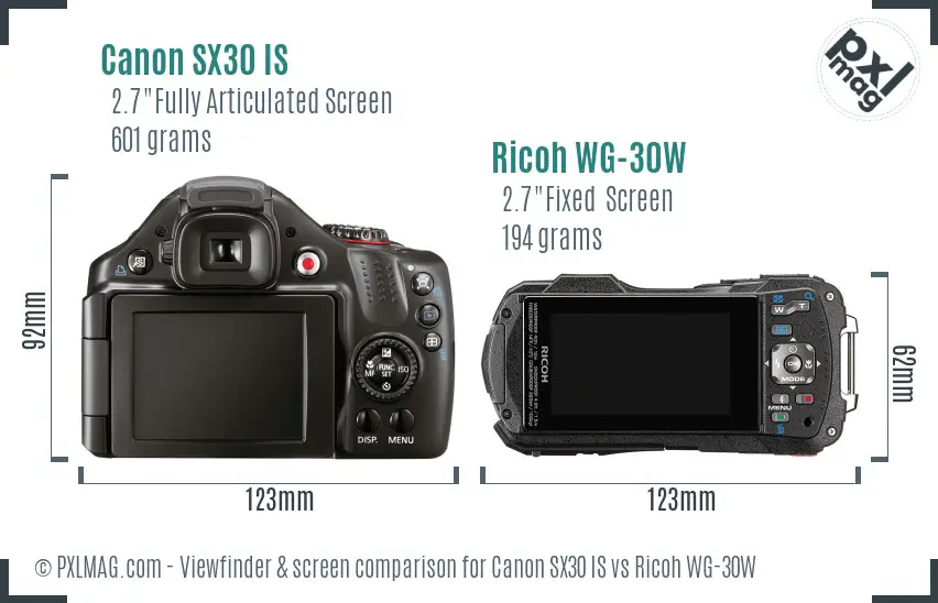 Canon SX30 IS vs Ricoh WG-30W Screen and Viewfinder comparison