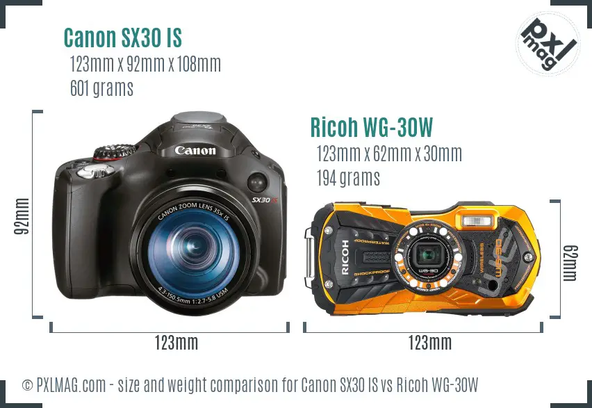 Canon SX30 IS vs Ricoh WG-30W size comparison