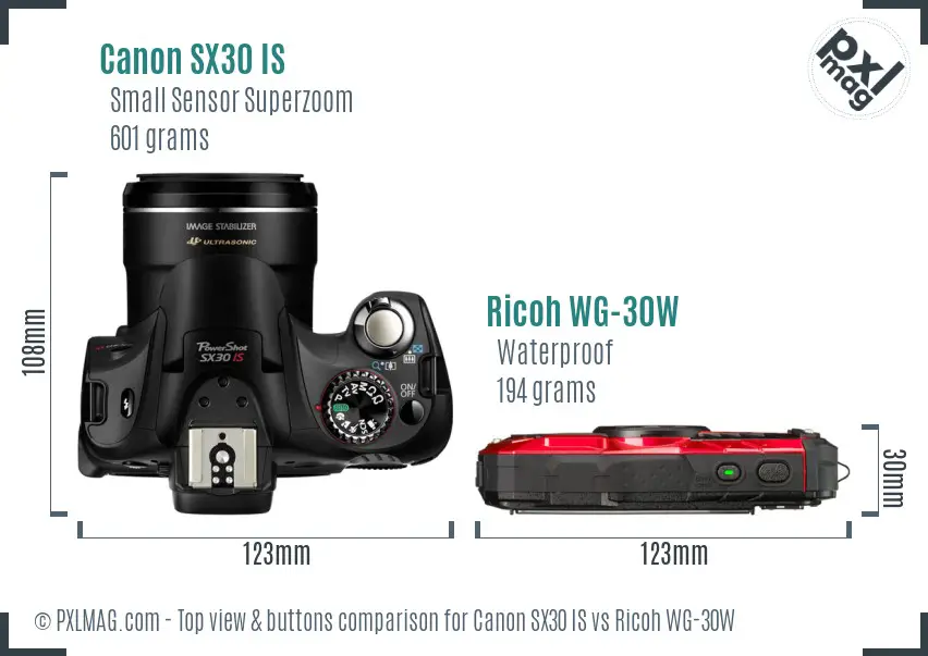 Canon SX30 IS vs Ricoh WG-30W top view buttons comparison