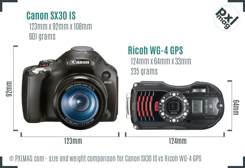 Canon SX30 IS vs Ricoh WG-4 GPS size comparison