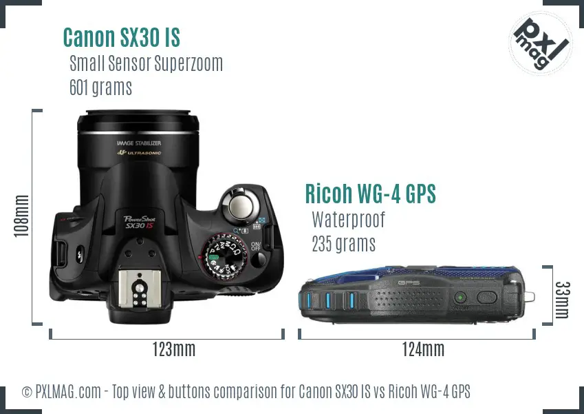 Canon SX30 IS vs Ricoh WG-4 GPS top view buttons comparison