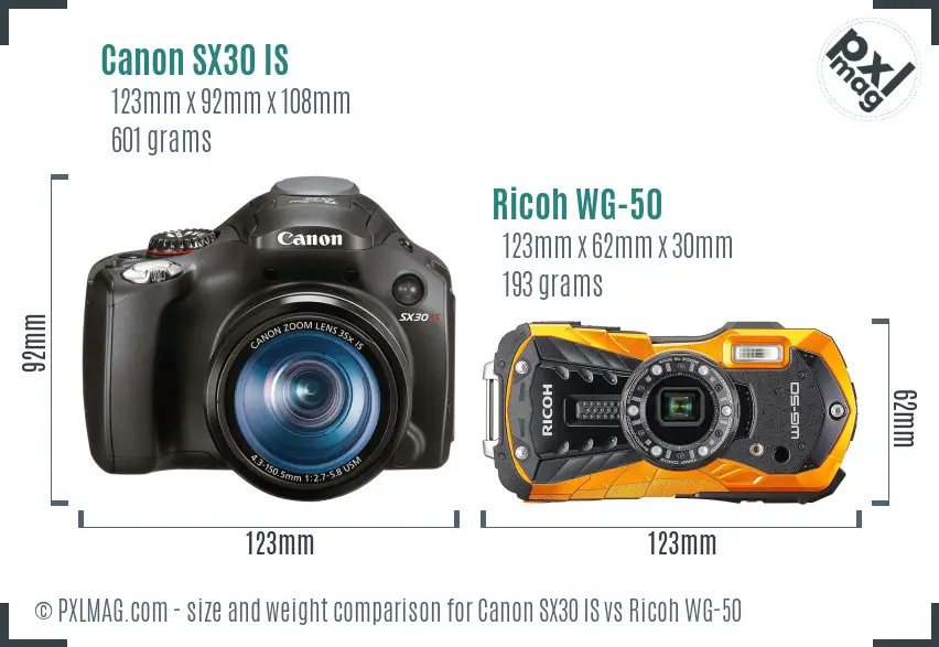 Canon SX30 IS vs Ricoh WG-50 size comparison