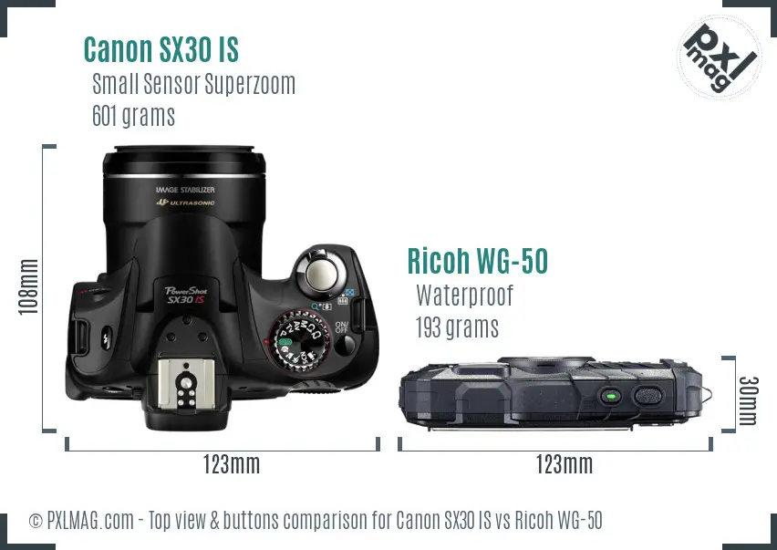 Canon SX30 IS vs Ricoh WG-50 top view buttons comparison