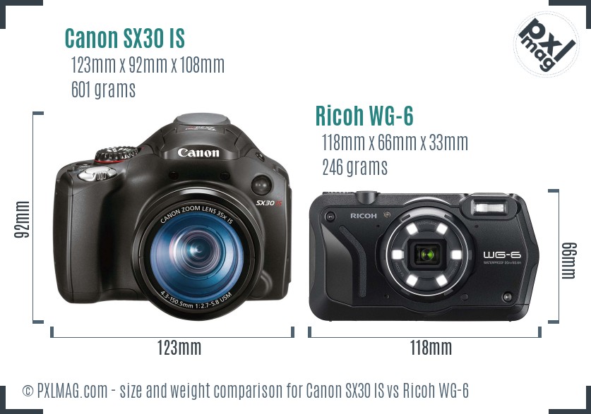 Canon SX30 IS vs Ricoh WG-6 size comparison