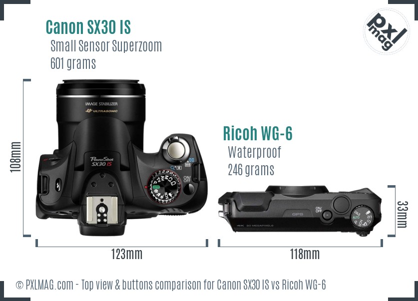 Canon SX30 IS vs Ricoh WG-6 top view buttons comparison