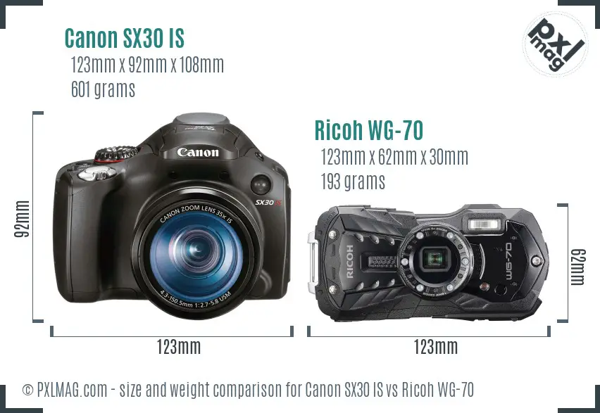 Canon SX30 IS vs Ricoh WG-70 size comparison