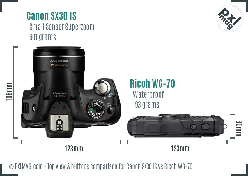 Canon SX30 IS vs Ricoh WG-70 top view buttons comparison
