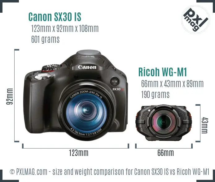 Canon SX30 IS vs Ricoh WG-M1 size comparison Canon SX30 IS vs Ricoh WG-M1 size comparison