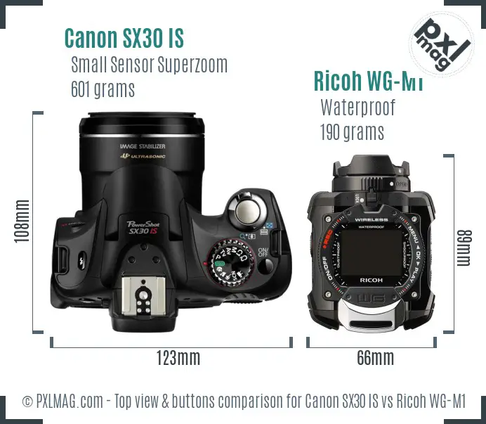 Canon SX30 IS vs Ricoh WG-M1 top view buttons comparison Canon SX30 IS vs Ricoh WG-M1 top view buttons comparison