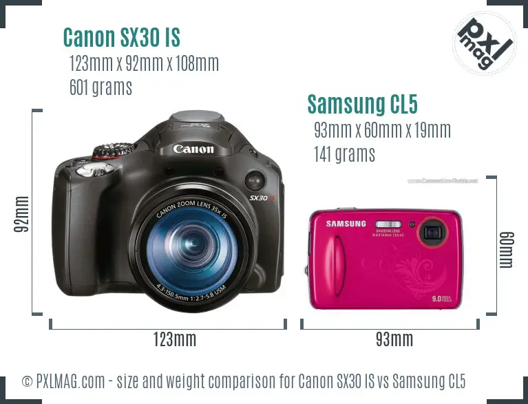 Canon SX30 IS vs Samsung CL5 size comparison