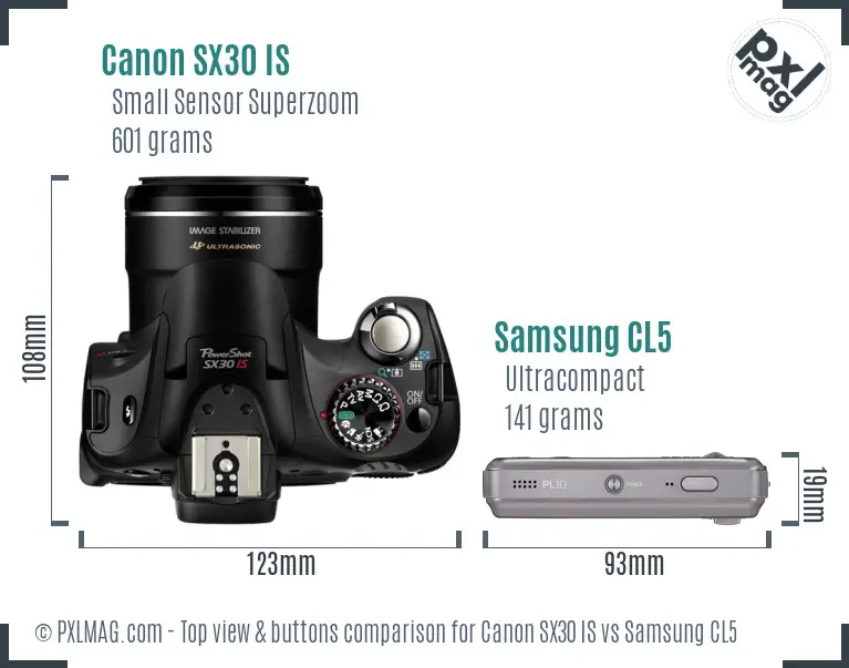 Canon SX30 IS vs Samsung CL5 top view buttons comparison