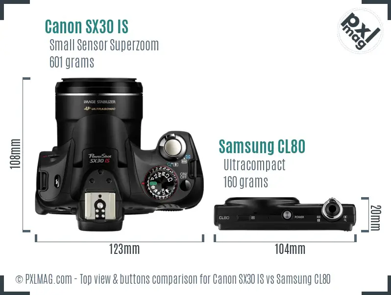 Canon SX30 IS vs Samsung CL80 top view buttons comparison