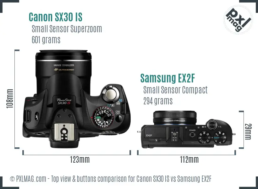 Canon SX30 IS vs Samsung EX2F top view buttons comparison