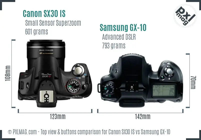 Canon SX30 IS vs Samsung GX-10 top view buttons comparison