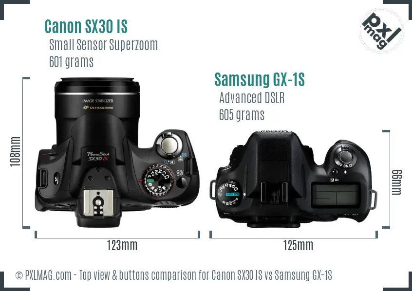 Canon SX30 IS vs Samsung GX-1S top view buttons comparison