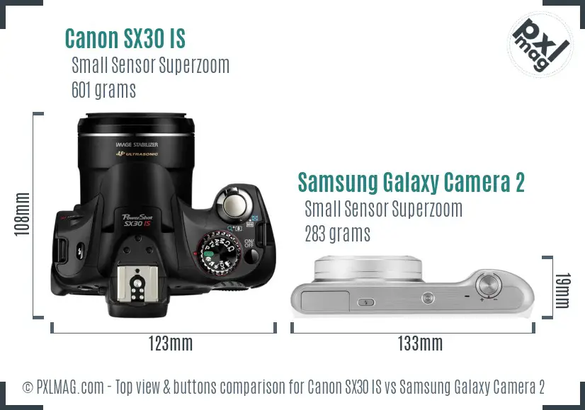 Canon SX30 IS vs Samsung Galaxy Camera 2 top view buttons comparison