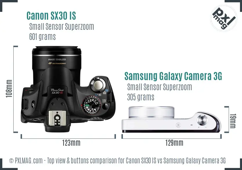Canon SX30 IS vs Samsung Galaxy Camera 3G top view buttons comparison