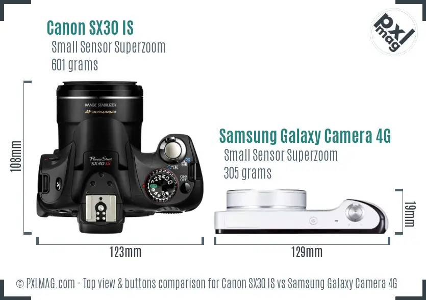 Canon SX30 IS vs Samsung Galaxy Camera 4G top view buttons comparison