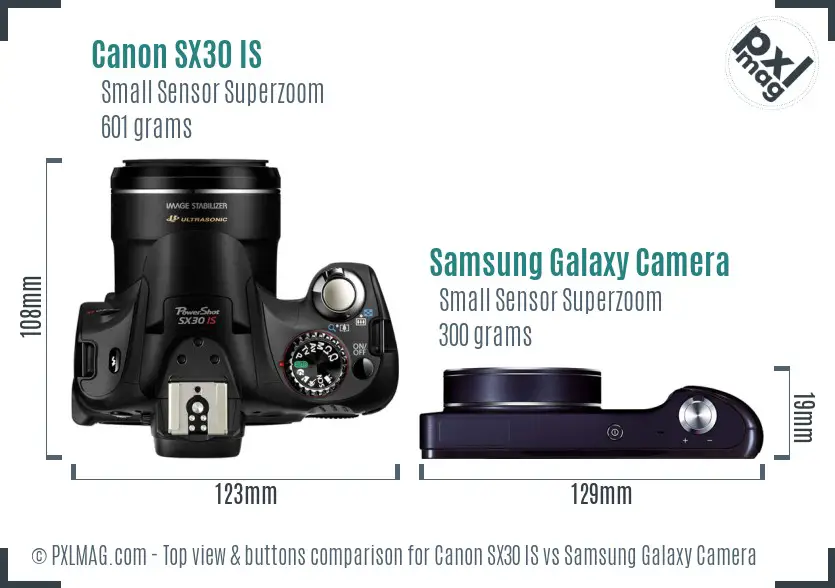 Canon SX30 IS vs Samsung Galaxy Camera top view buttons comparison
