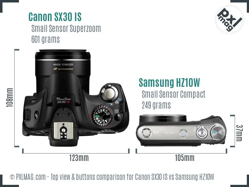 Canon SX30 IS vs Samsung HZ10W top view buttons comparison