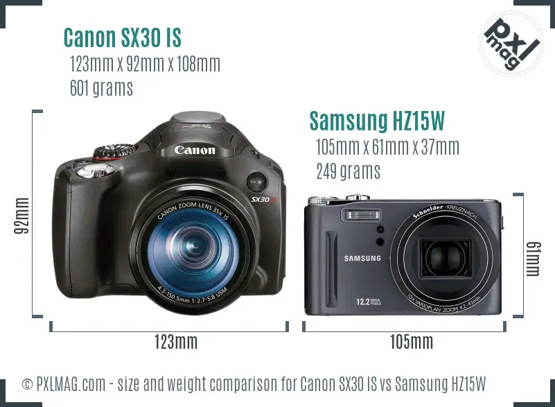 Canon SX30 IS vs Samsung HZ15W size comparison