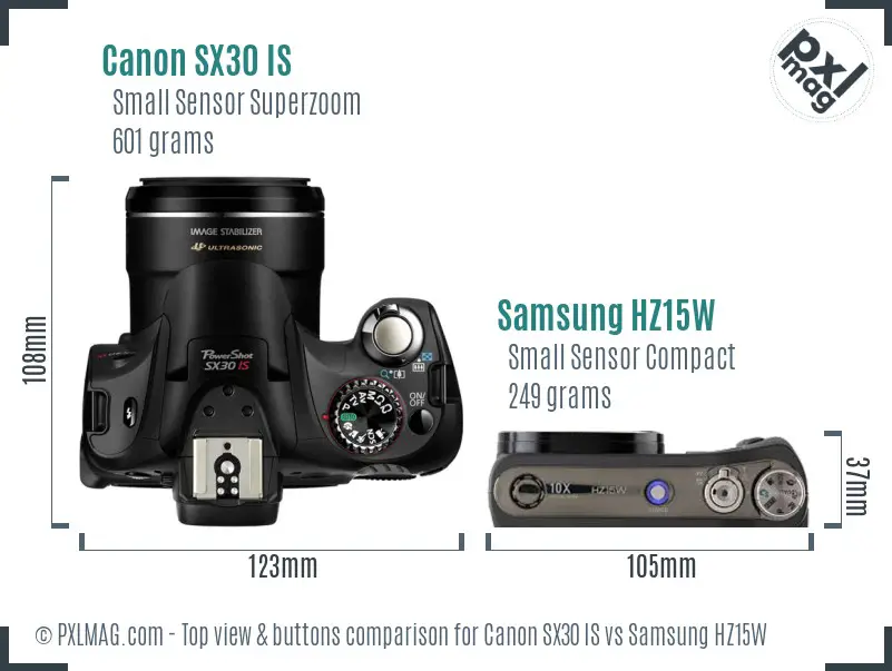 Canon SX30 IS vs Samsung HZ15W top view buttons comparison