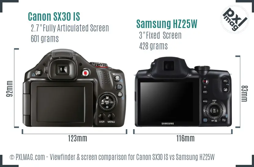 Canon SX30 IS vs Samsung HZ25W Screen and Viewfinder comparison