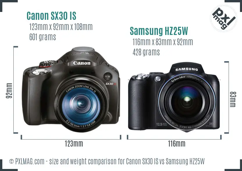 Canon SX30 IS vs Samsung HZ25W size comparison