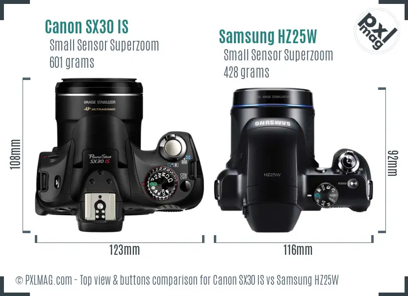 Canon SX30 IS vs Samsung HZ25W top view buttons comparison