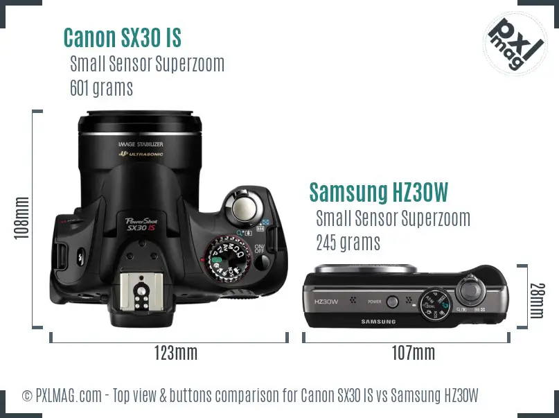 Canon SX30 IS vs Samsung HZ30W top view buttons comparison