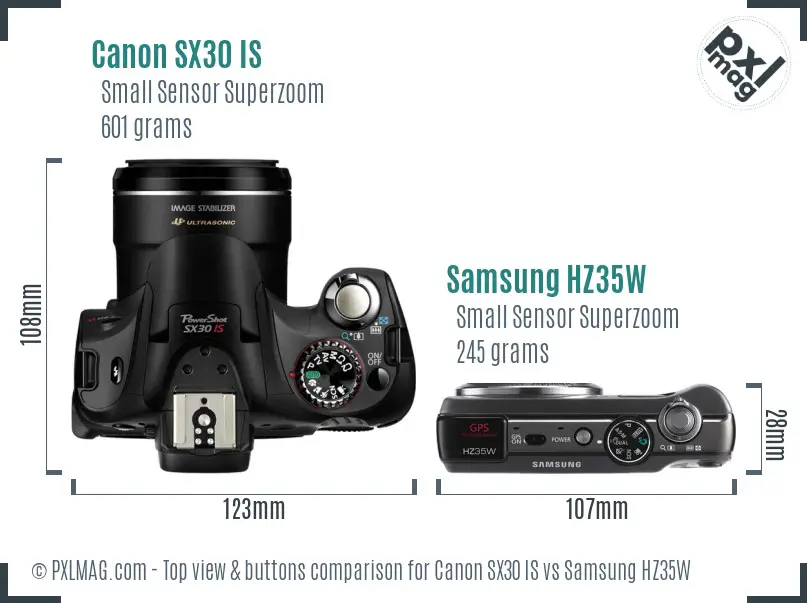 Canon SX30 IS vs Samsung HZ35W top view buttons comparison Canon SX30 IS vs Samsung HZ35W top view buttons comparison