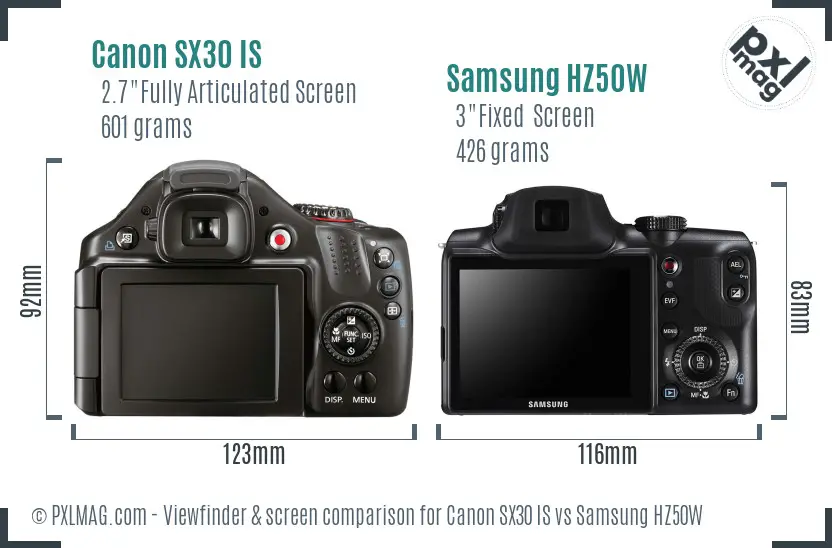 Canon SX30 IS vs Samsung HZ50W Screen and Viewfinder comparison