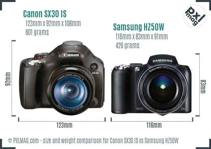 Canon SX30 IS vs Samsung HZ50W size comparison